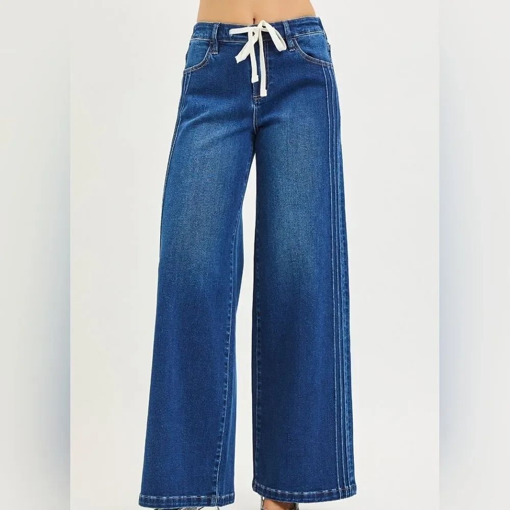 RISEN Mid Rise Wide Side Pintuck Denim Jeans Flat Front Drawstring Size 5